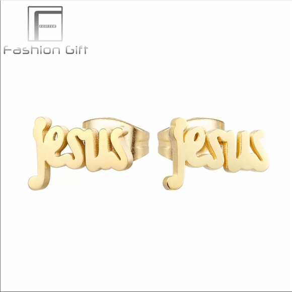 New Hiphop Rock Jesus Stud Earrings Gold - Picture 3 of 4